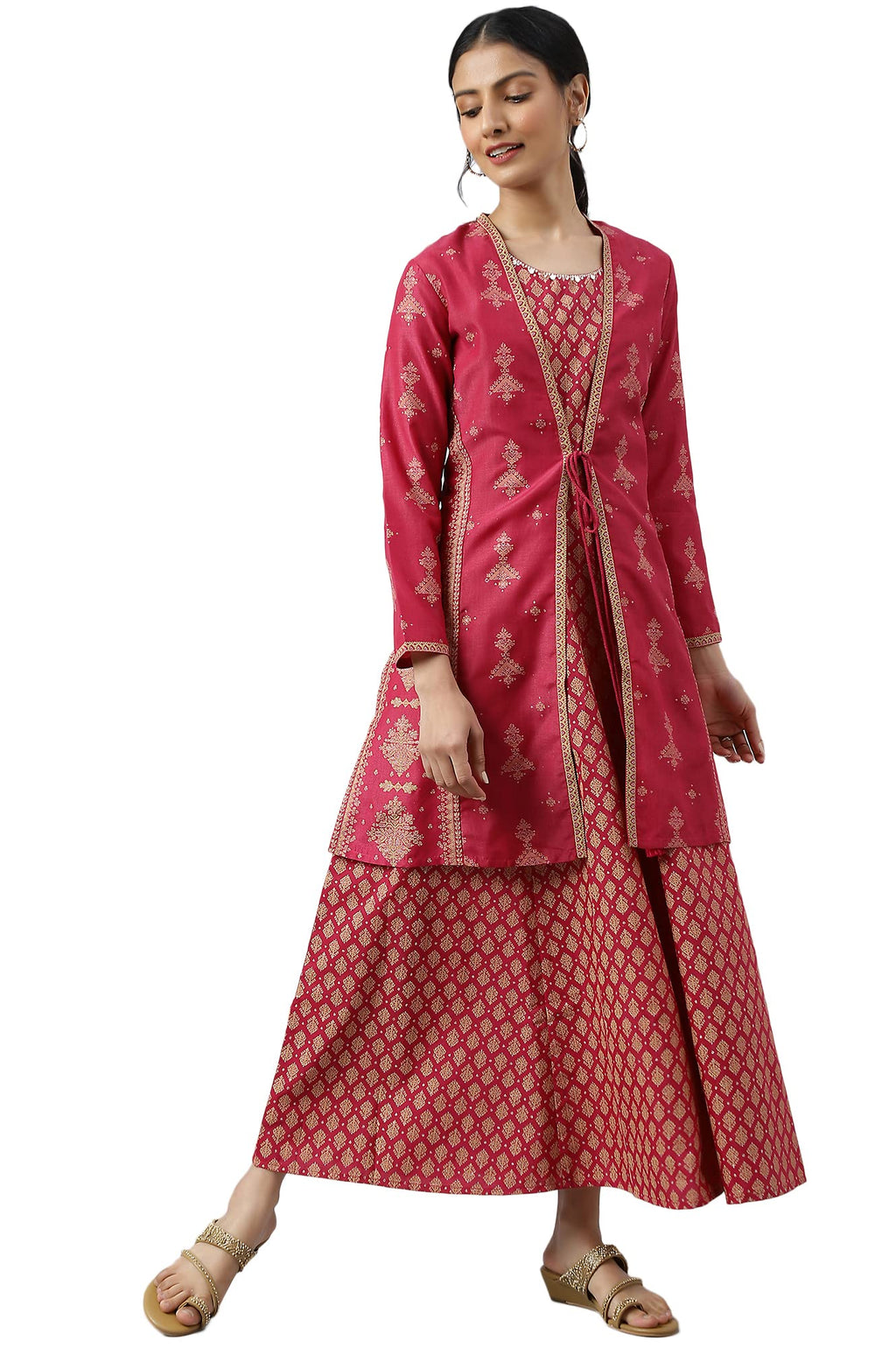 W For Woman Dark Pink Synthetic Geometric Printed Beaded Ethnic Jacket And Kurta Set