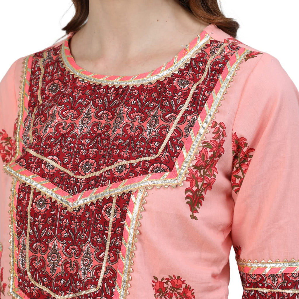 Ishin Women'S Peach Embroidered A-Line Short Kurta Set With Sharara And Dupatta