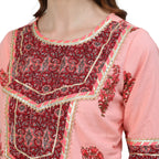 Ishin Women'S Peach Embroidered A-Line Short Kurta Set With Sharara And Dupatta