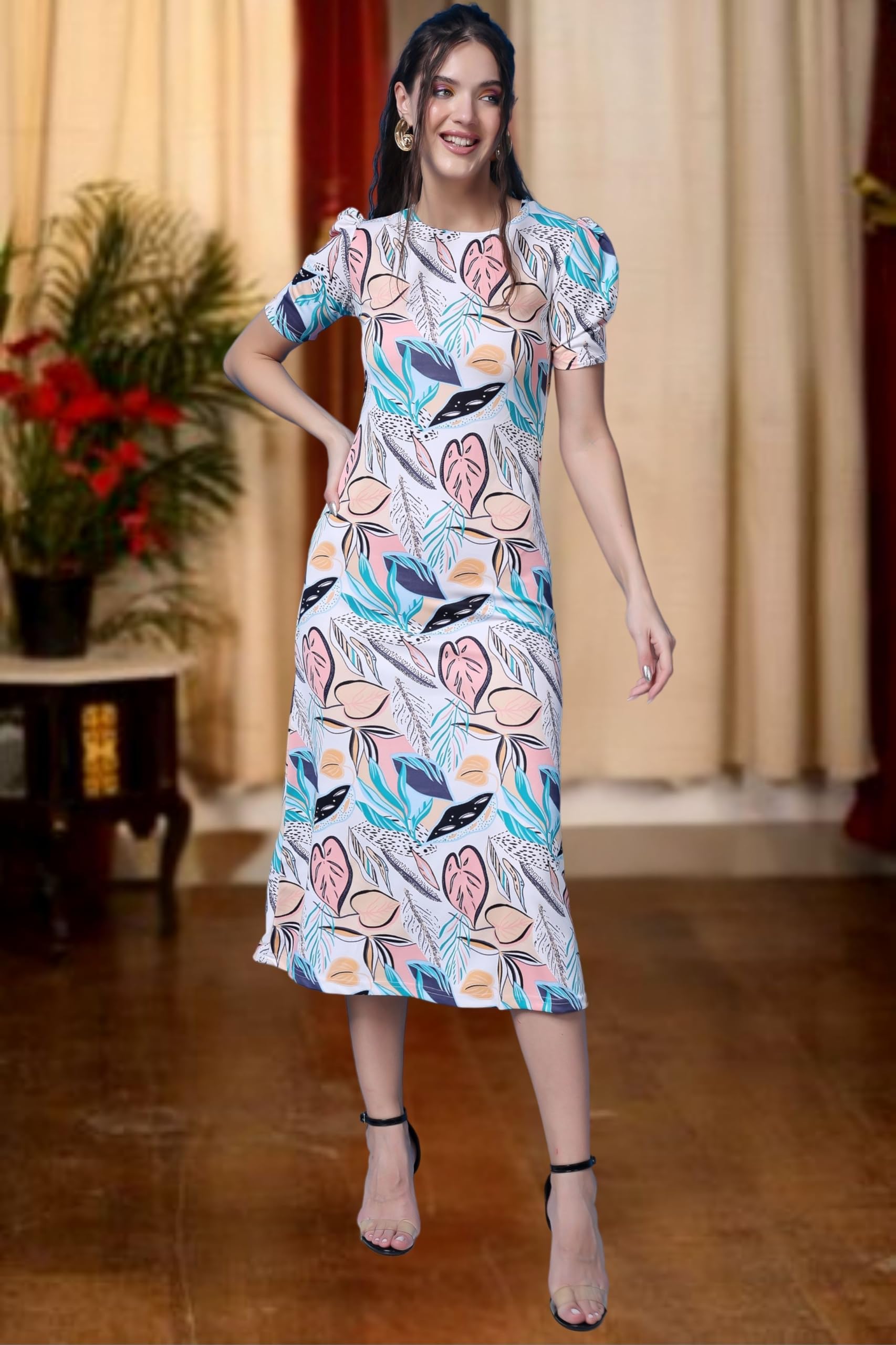Popwings Casual Abstract Printed Midi Dress For Women | Half-Sleeves Long Dress For Women | Round-Neck Women Stylish Dress Off W