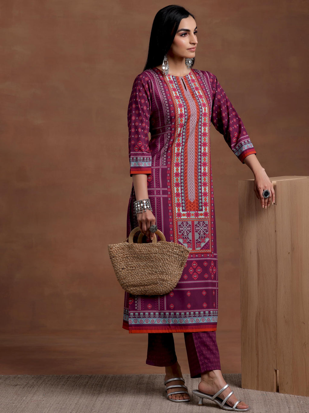 Libas Womens Printed Crepe Straight Kurta With Trousers
