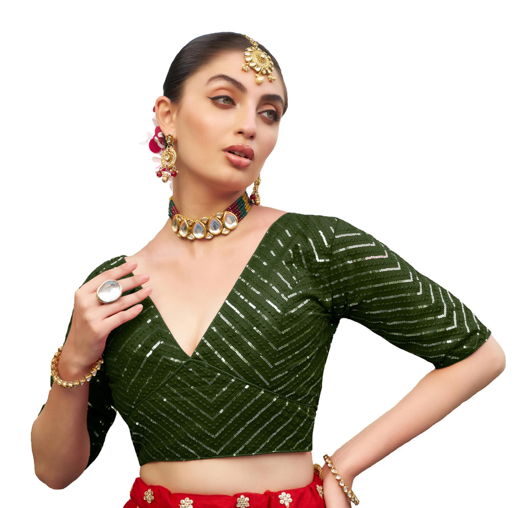 Pujia Mills Womens Fancy Readymade Half Sleeve Sequins Saree Blouse(Sequins Butti Mehendi Green_38)