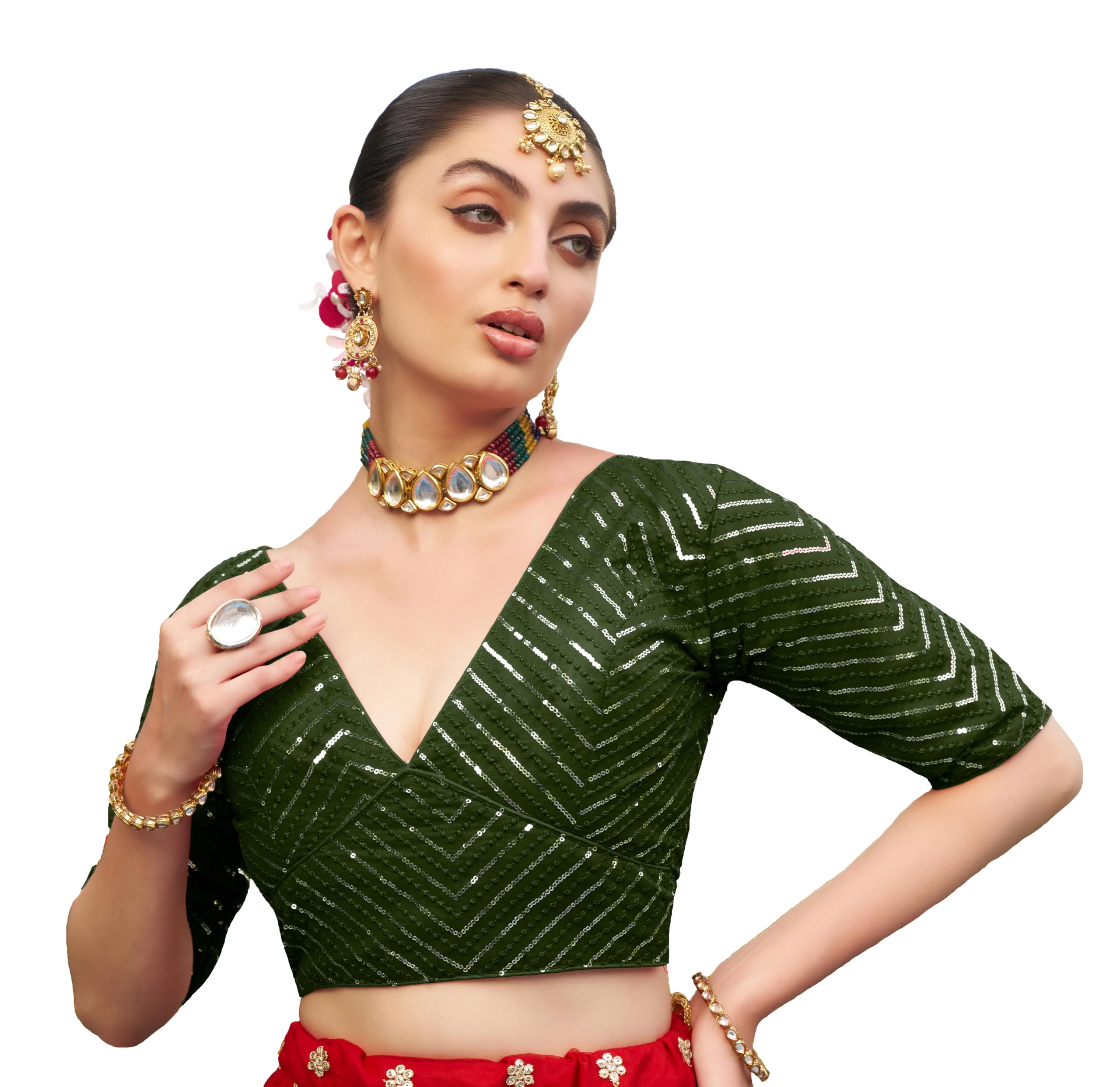 Pujia Mills Womens Fancy Readymade Half Sleeve Sequins Saree Blouse(Sequins Butti Mehendi Green_38)