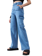 Dolce Crudo Womens Wide Leg High Rise Clean Look Regular Length Stretchable Flared Cargo Style Denim Jeans (DOAW23DEN12-79-158-