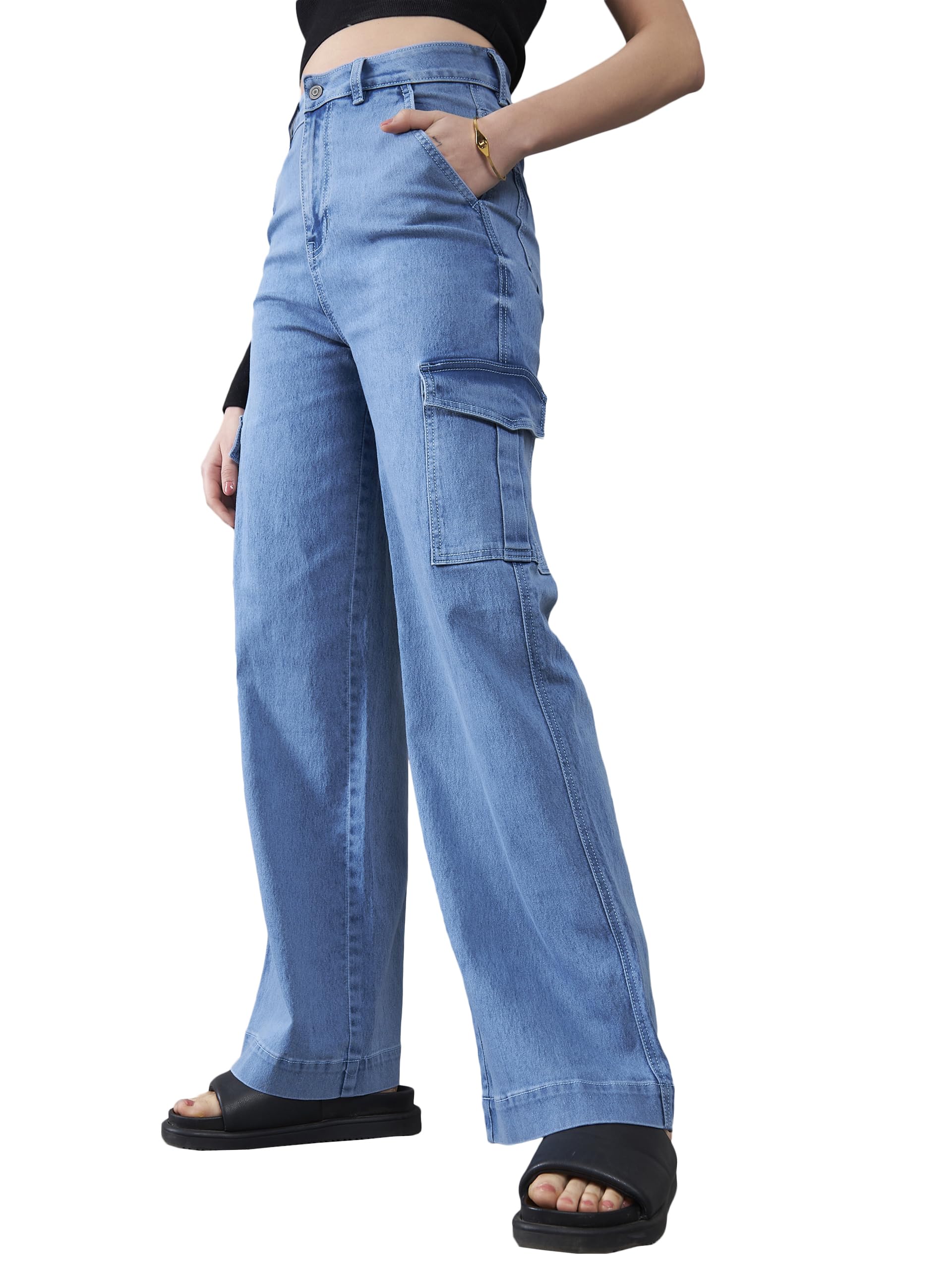 Dolce Crudo WomenS Wide Leg High Rise Clean Look Regular Length Stretchable Flared Cargo Style Denim Jeans (Doaw23Den12-79-158-3