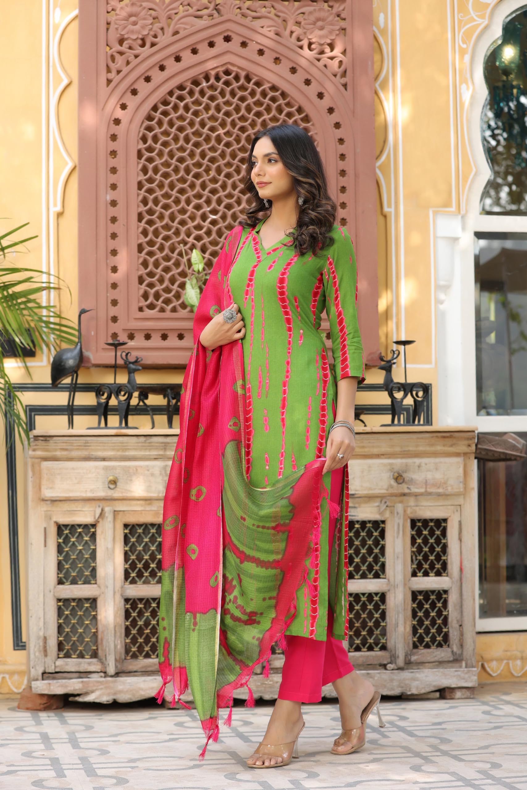 ANNI DESIGNER Ladies Cotton Blend Kurta with Trousers and Dupatta, green, S