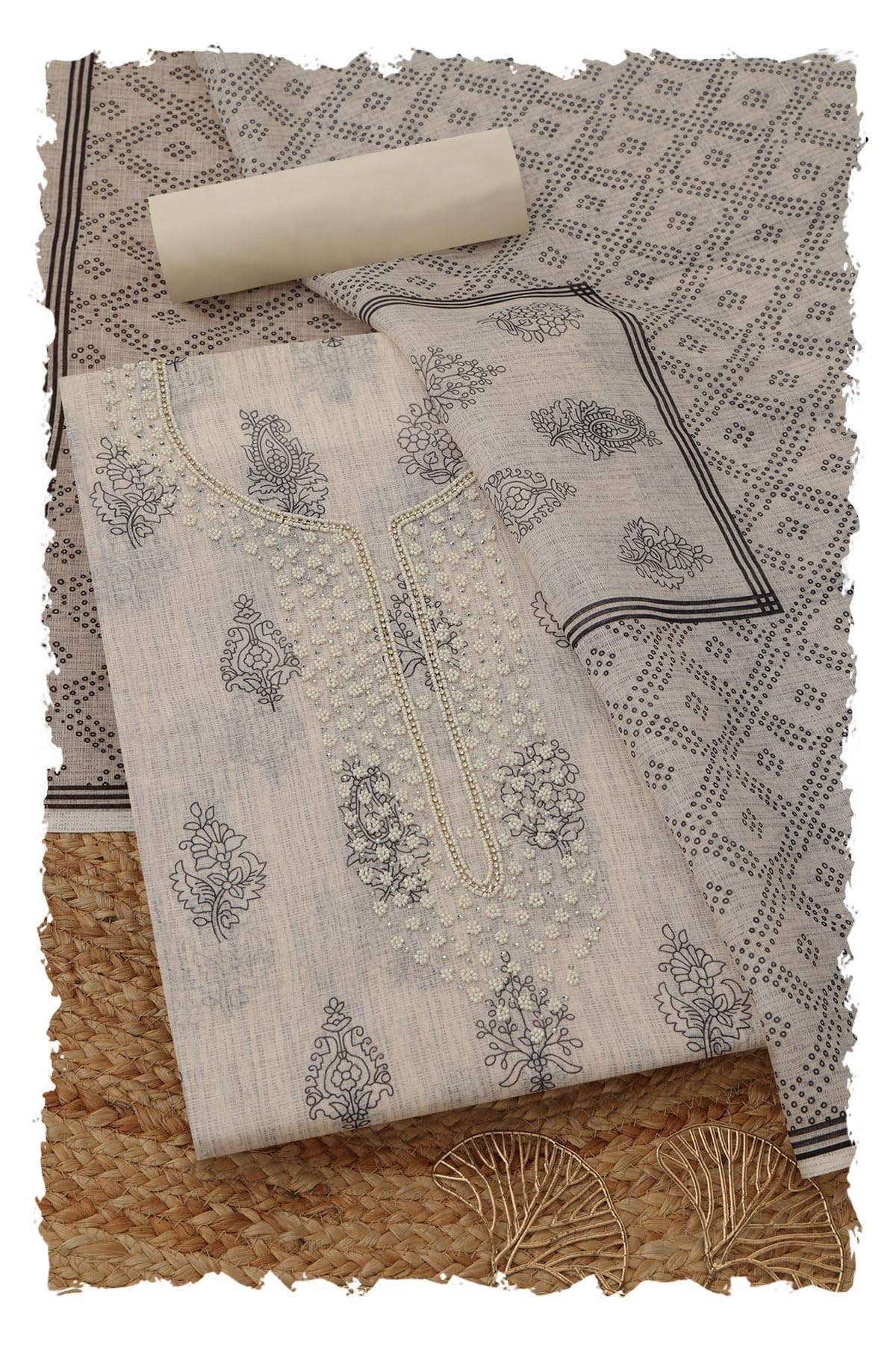 Soch Women Linen Floral Dress Material with Hand Embroidery and Bead Details