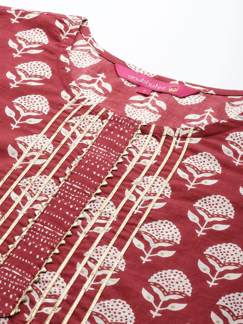 Anubhutee Women'S Cotton Red Gota Patti Floral Printed Straight Kurta Suit Set With Pants And Dupatta