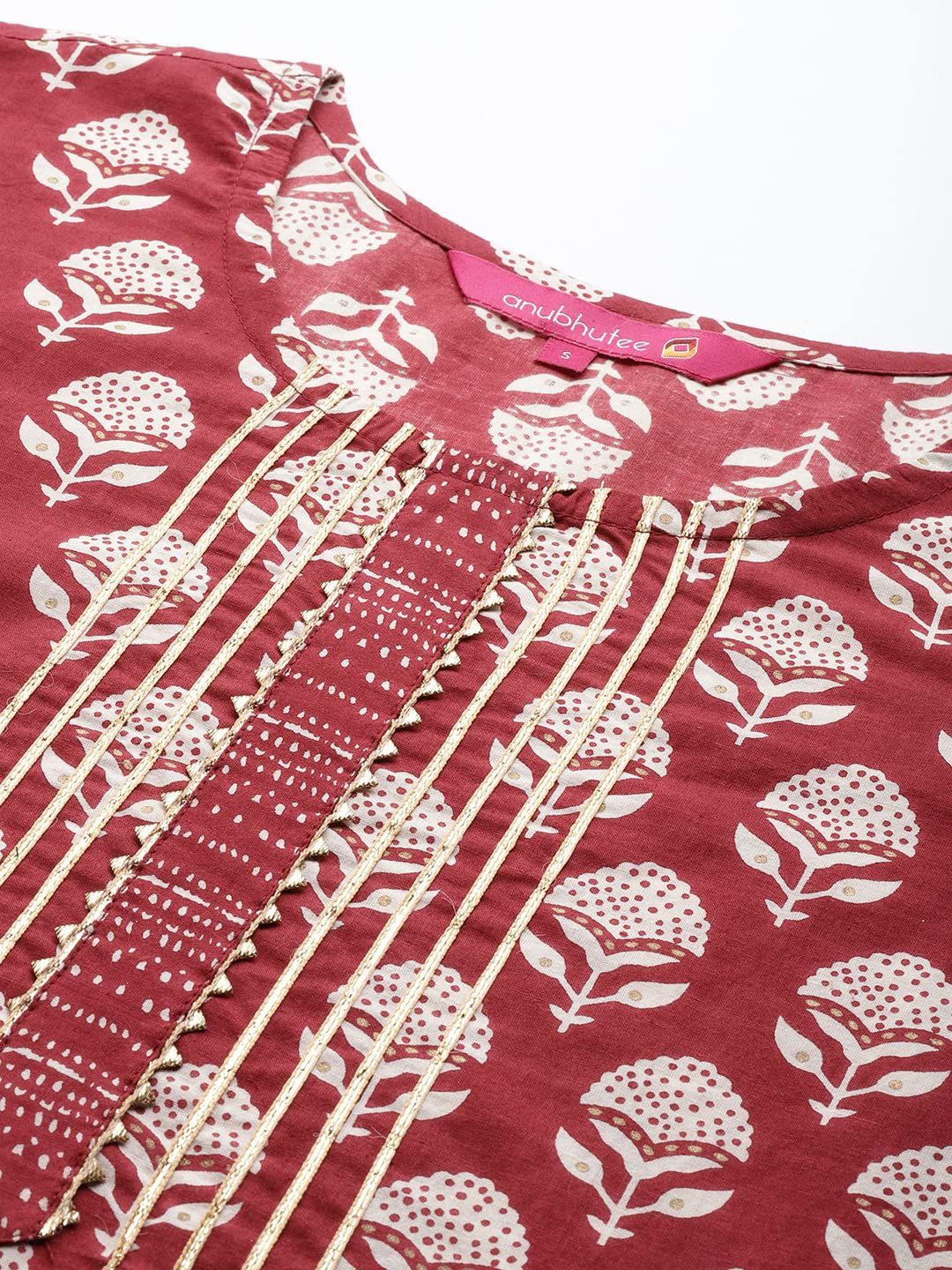 Anubhutee Women'S Cotton Red Gota Patti Floral Printed Straight Kurta Suit Set With Pants And Dupatta