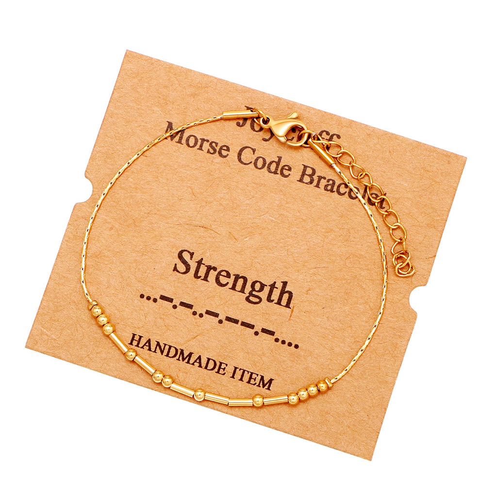 JoycuFF Strength Gold Morse Code Bracelets Inspirational Gifts for Women Best Friends Mom Sister Daughter Birthday Mother's Day