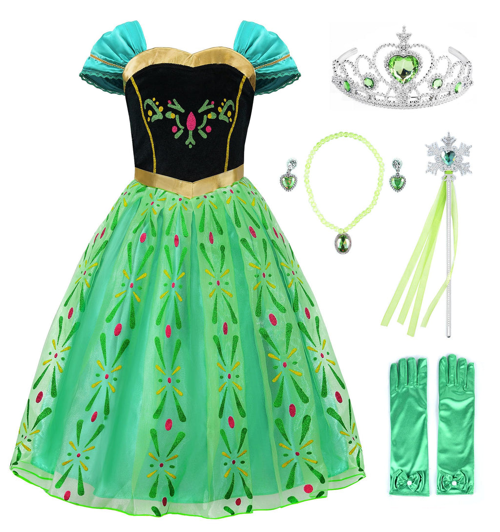 JerrisApparel Girls Princess Costume Snow Party Halloween Cosplay Fancy Dress (Green with Accessories)