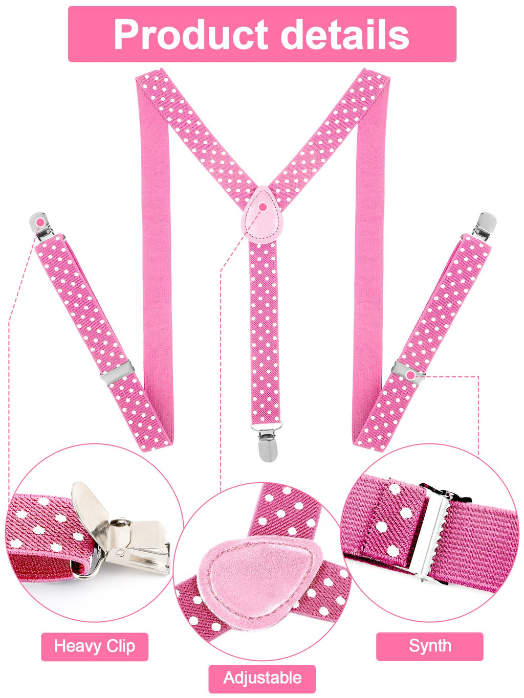 SATINIOR Suspender and Bow Tie Set 80s Clip on Suspenders for Men Women(Pink with White Dots)