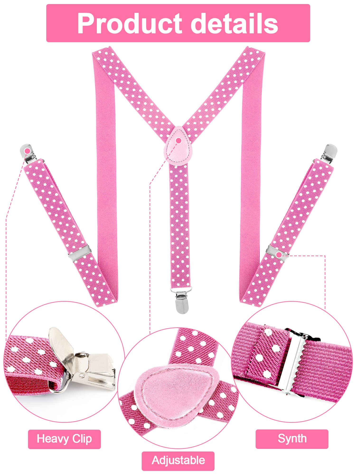 SATINIOR Suspender and Bow Tie Set 80s Clip on Suspenders for Men Women(Pink with White Dots)