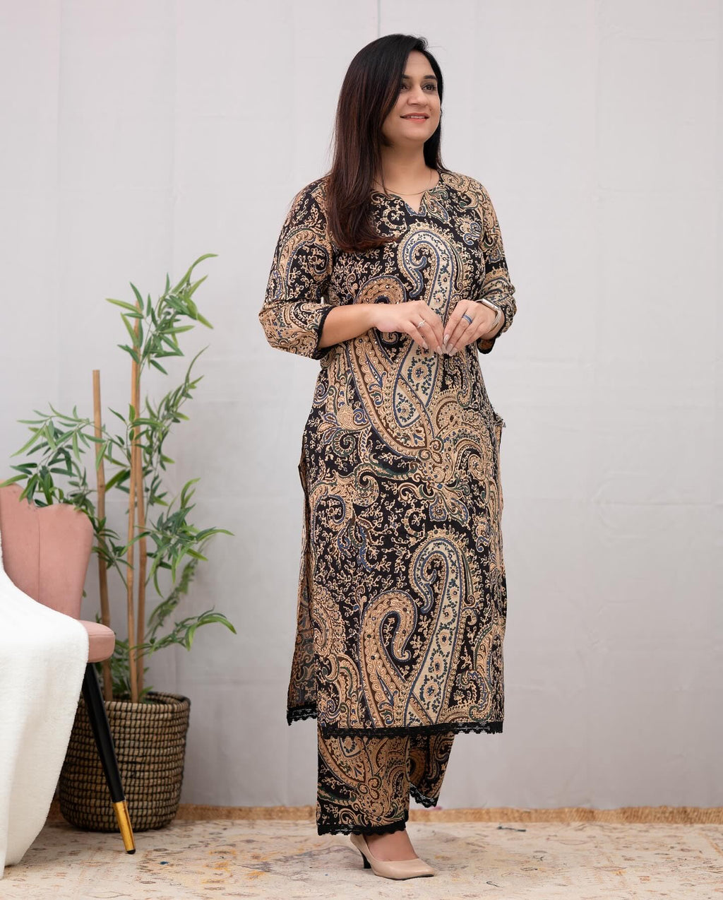 ANNI DESIGNER Palazzo women s viscose rayon printed straight kurta, Black, 44