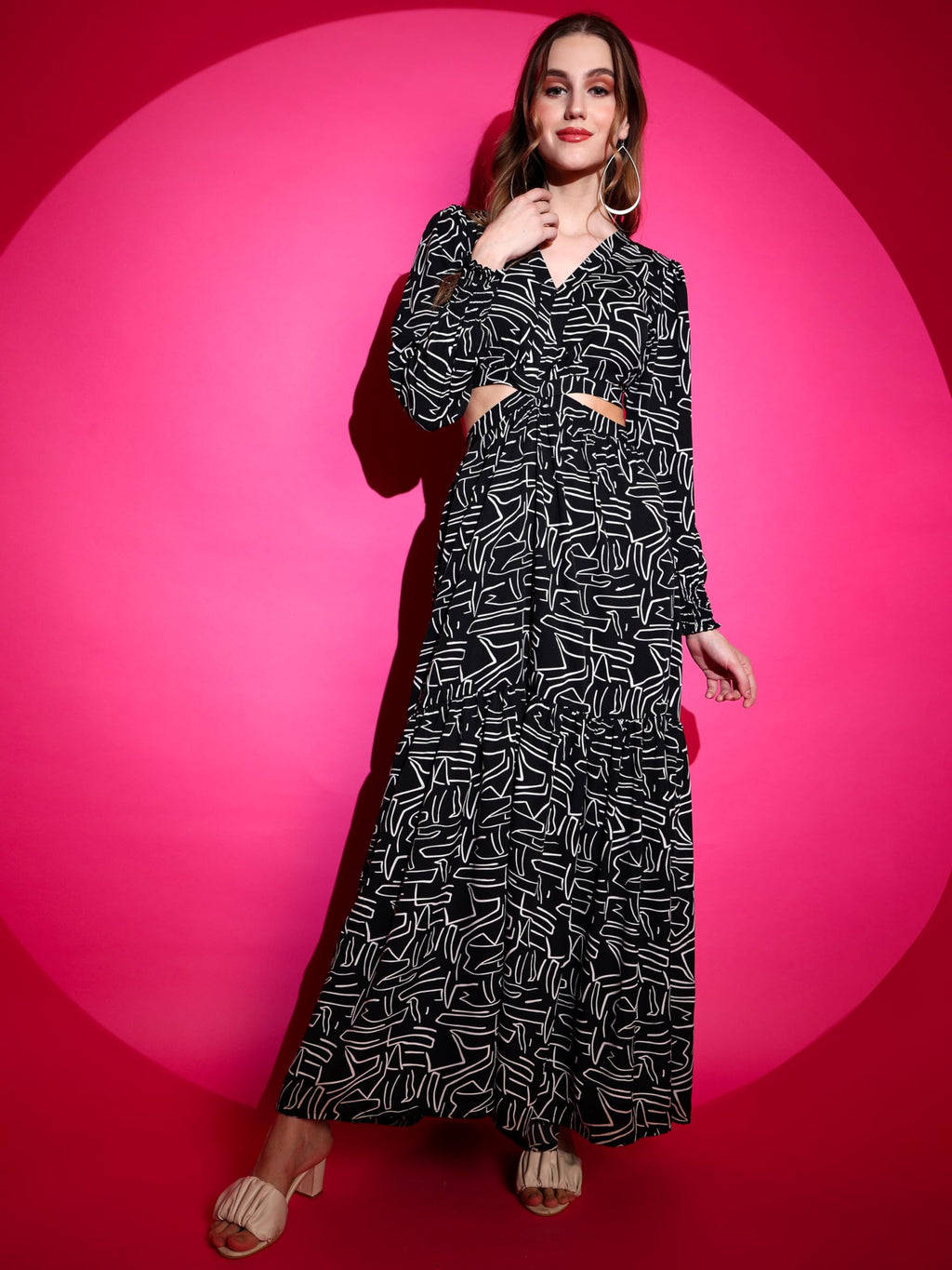Sheetal Associates WomenS Crepe Fit And Flare Printed Full Sleeve V-Neck Casual Dress Black