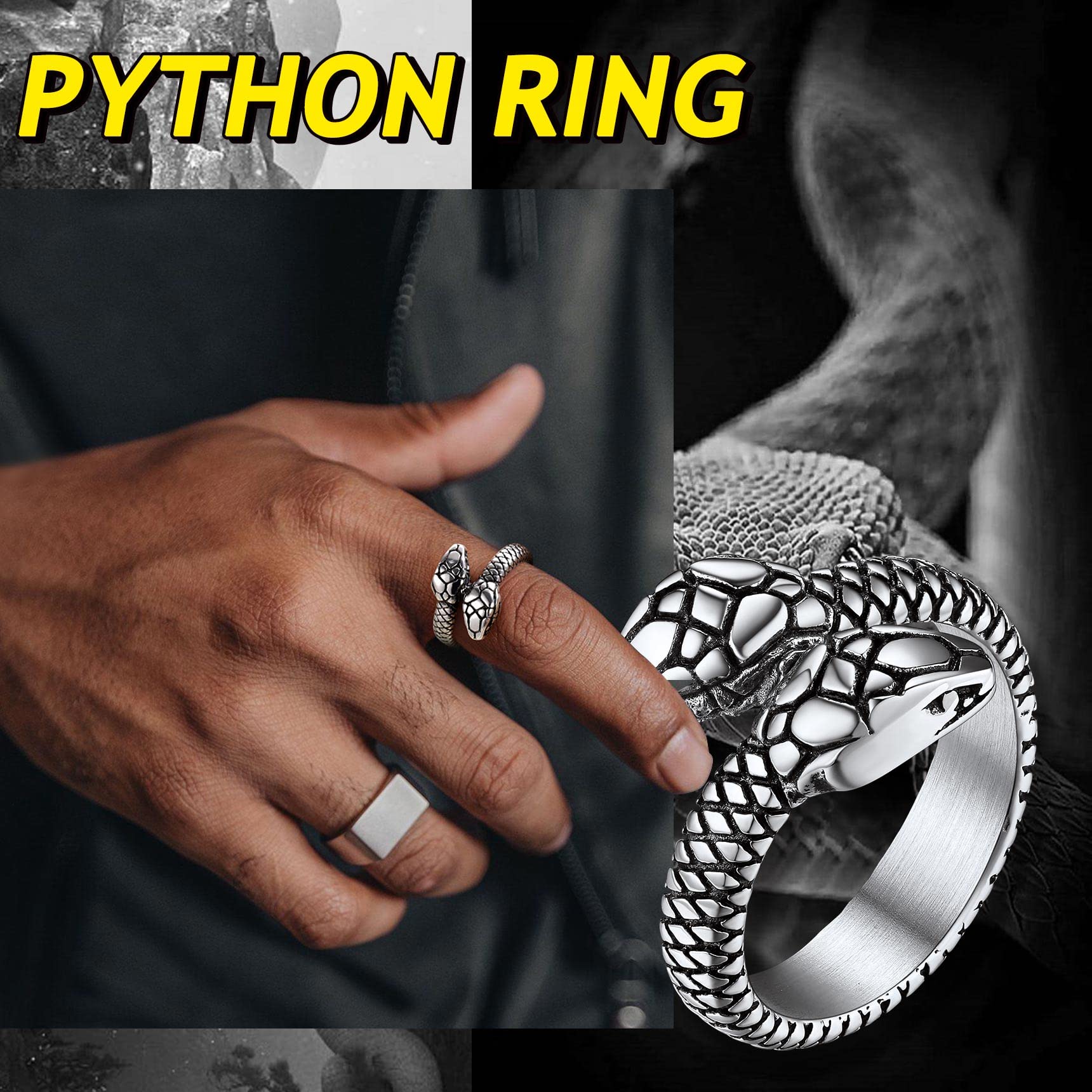 Bestyle Cool Stainless Steel Snake Ring for Women Men Cool Rings Snake Jewelry Gothic Punk Finger Rings Fashion Halloween Costum