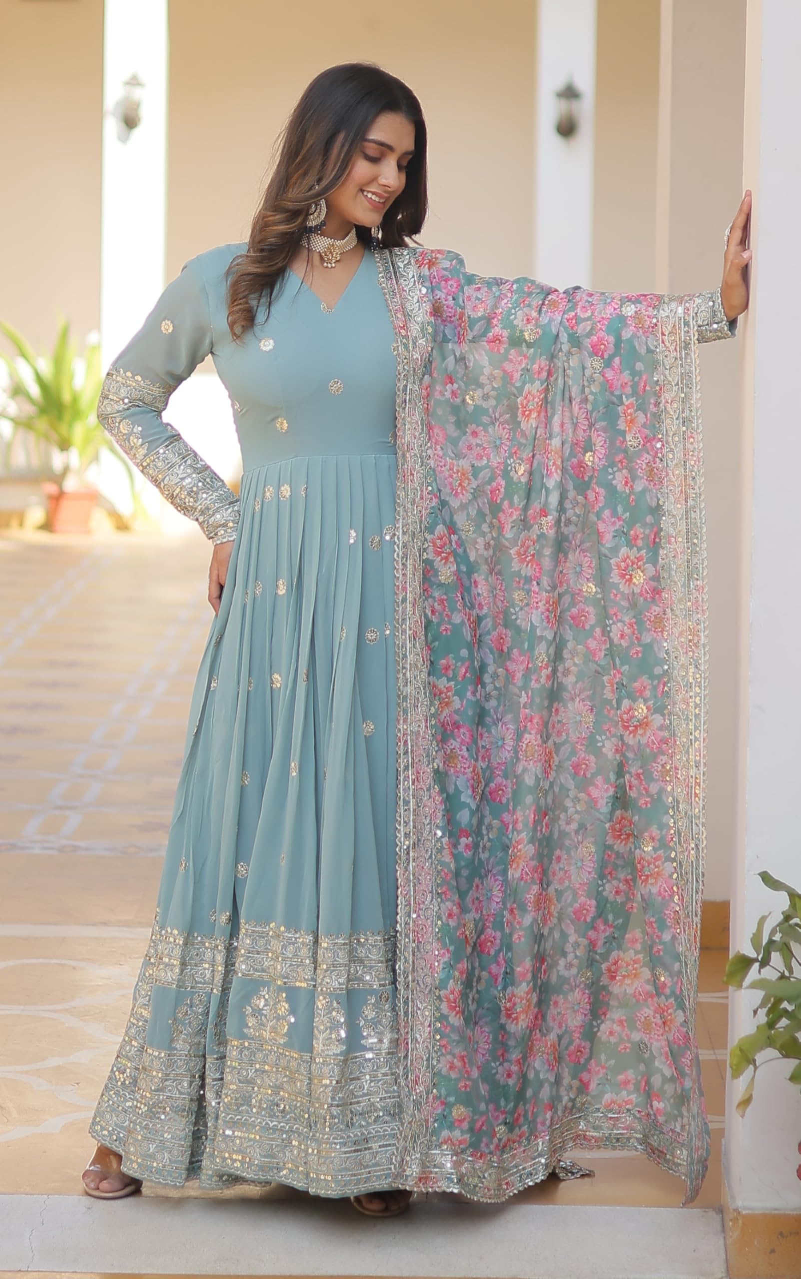 Fashion Basket Georgette Embroidered Dress For Women Light Blue