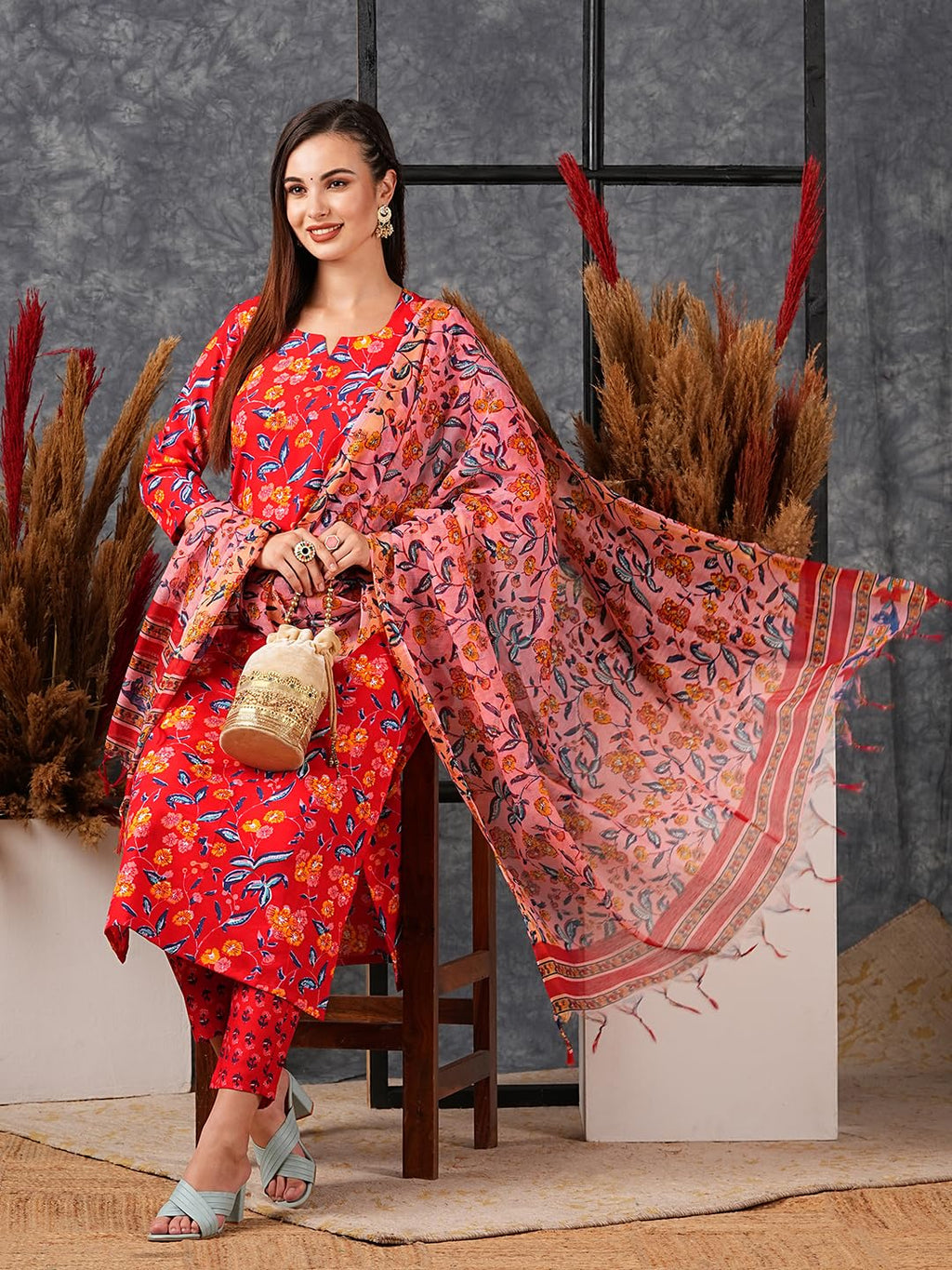 ANNI DESIGNER Ladies Cotton Blend Kurta with Trousers and Dupatta, red, M