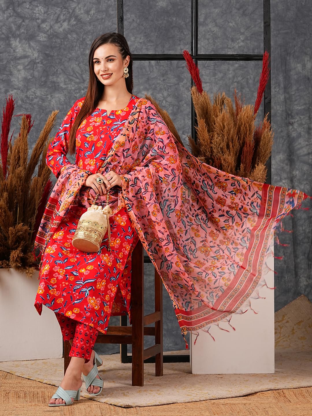 ANNI DESIGNER Ladies Cotton Blend Kurta with Trousers and Dupatta, red, M