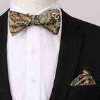 HISDERN Gold Bow Ties for Men Self Tie Paisley Mens Bow Tie and Pocket Square Set Classic Business Formal Tuxedo Men's Bowtie Ha