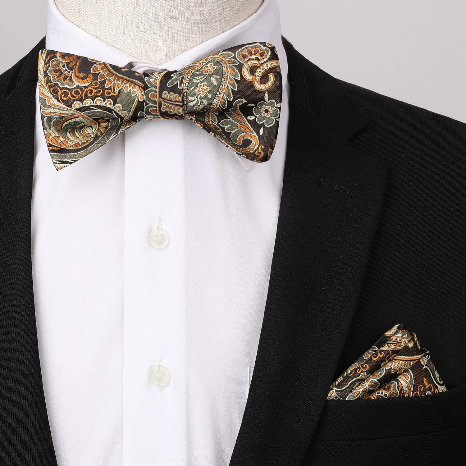 HISDERN Gold Bow Ties for Men Self Tie Paisley Mens Bow Tie and Pocket Square Set Classic Business Formal Tuxedo Men's Bowtie Ha