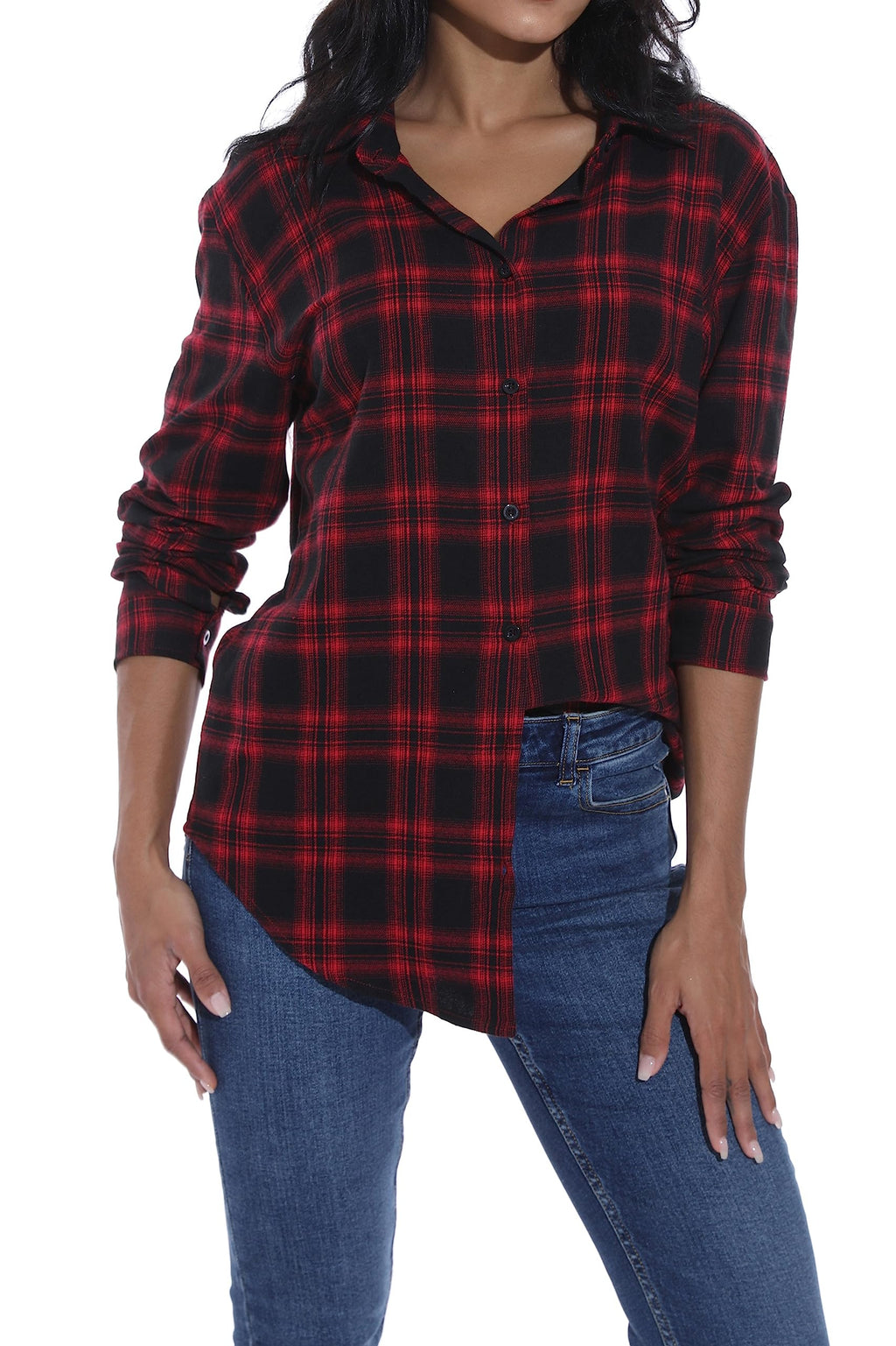 GUANYY Women's Classic Plaid Button Down Shirt - Loose Fit and Long Sleeves (Red Black Plaid, Large)