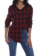 GUANYY Women's Classic Plaid Button Down Shirt - Loose Fit and Long Sleeves (Red Black Plaid, Large)