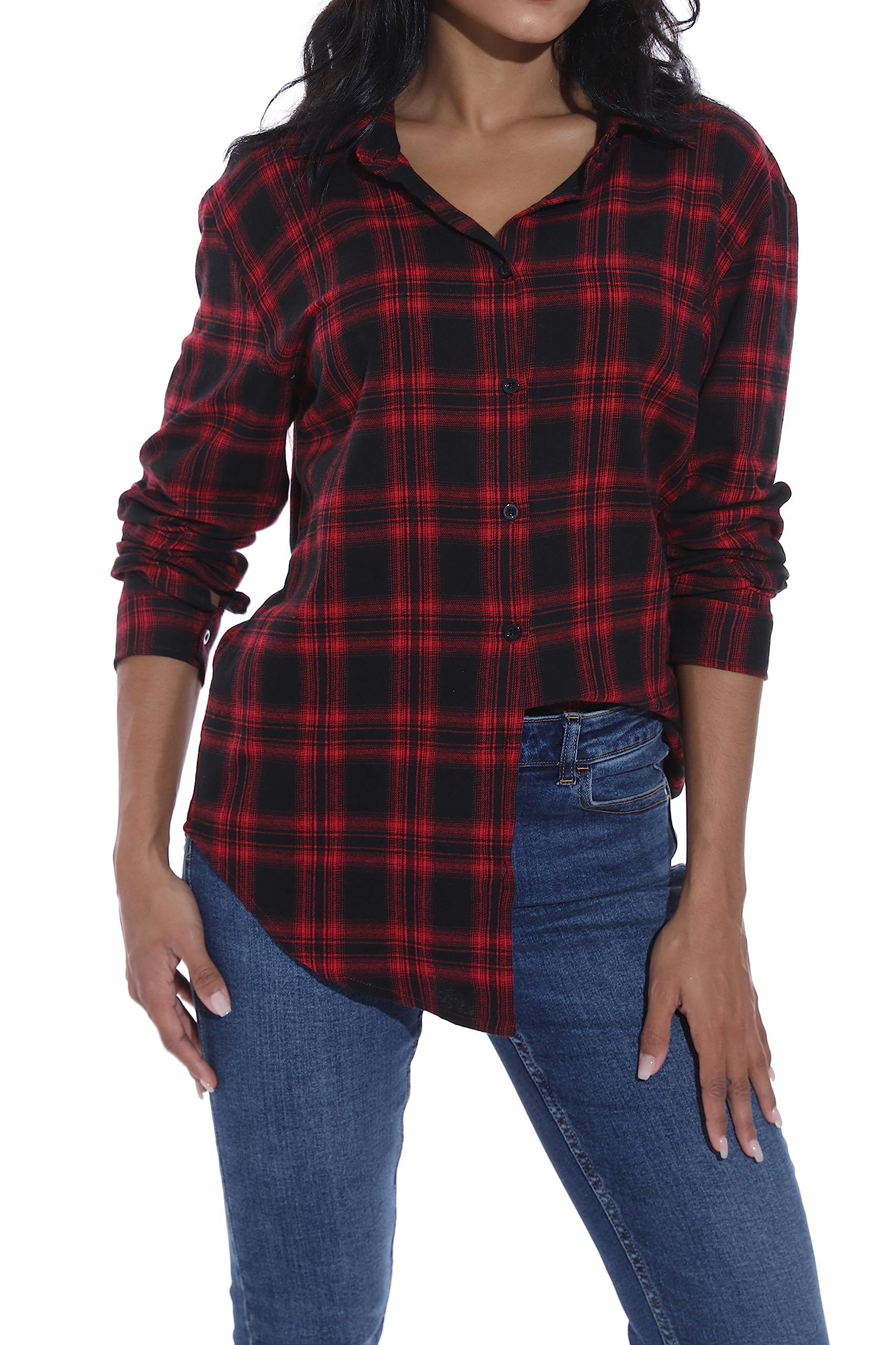 GUANYY Women's Classic Plaid Button Down Shirt - Loose Fit and Long Sleeves (Red Black Plaid, Large)