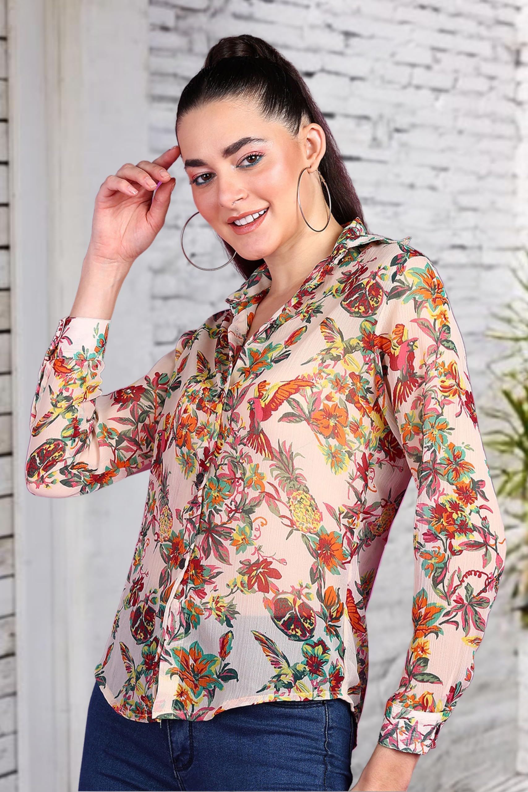 POPWINGS Printed Full-Sleeves Regular-Fit Polyester Printed Shirt for Women Stylish Western Casual Wear
