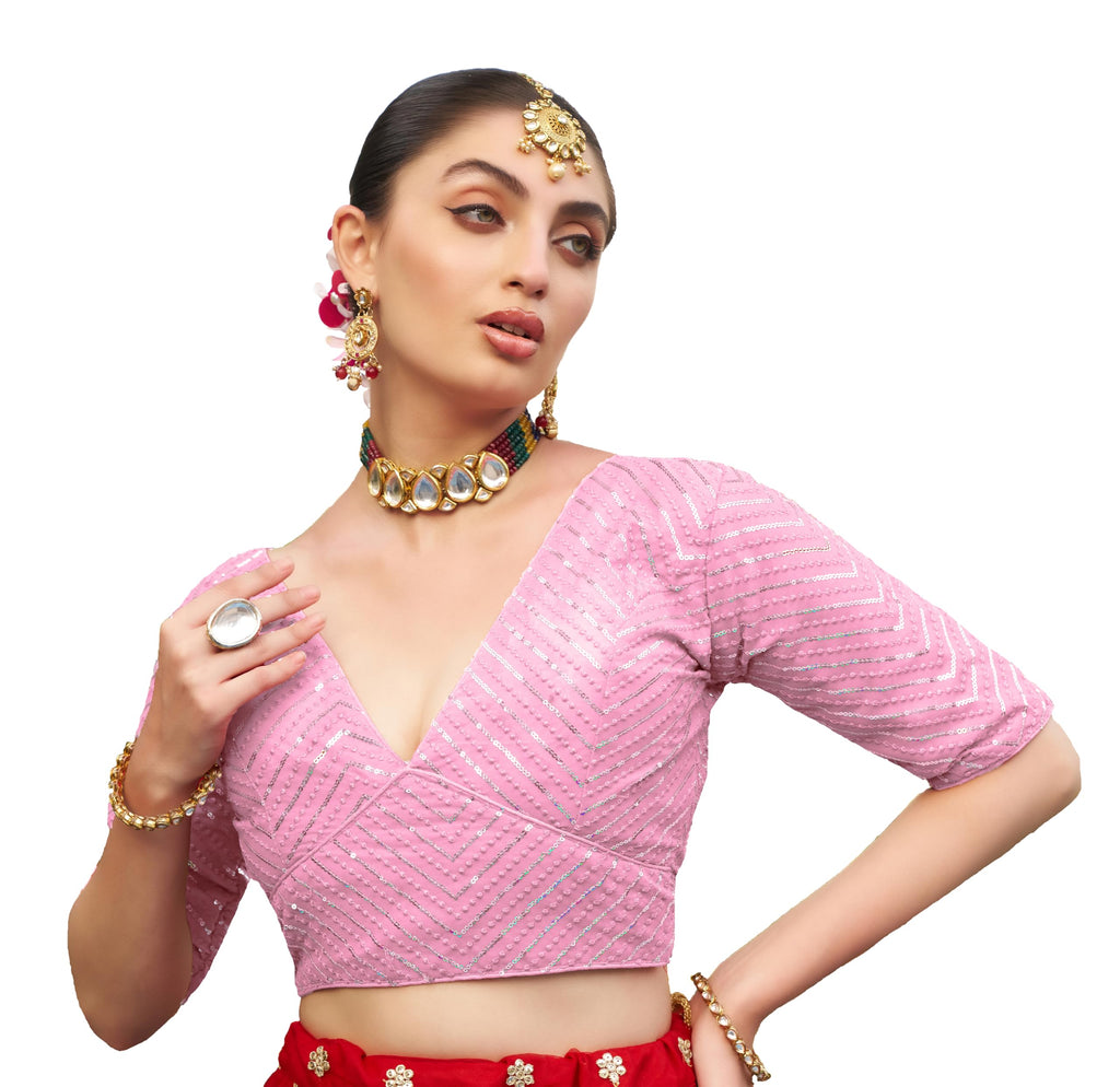 Pujia Mills Womens Fancy Readymade Half Sleeve Sequins Saree Blouse (Baby Pink, 38)