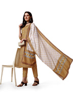 Nainvish Women'S Cotton Blend Straight Round Neck Printed Kurta Pant With Dupatta (Sd401_Kbd-L_Yellow)