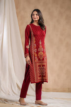 Ishin WomenS Maroon Jacquard Style Ethnic Motifs Straight Winterwear Kurta