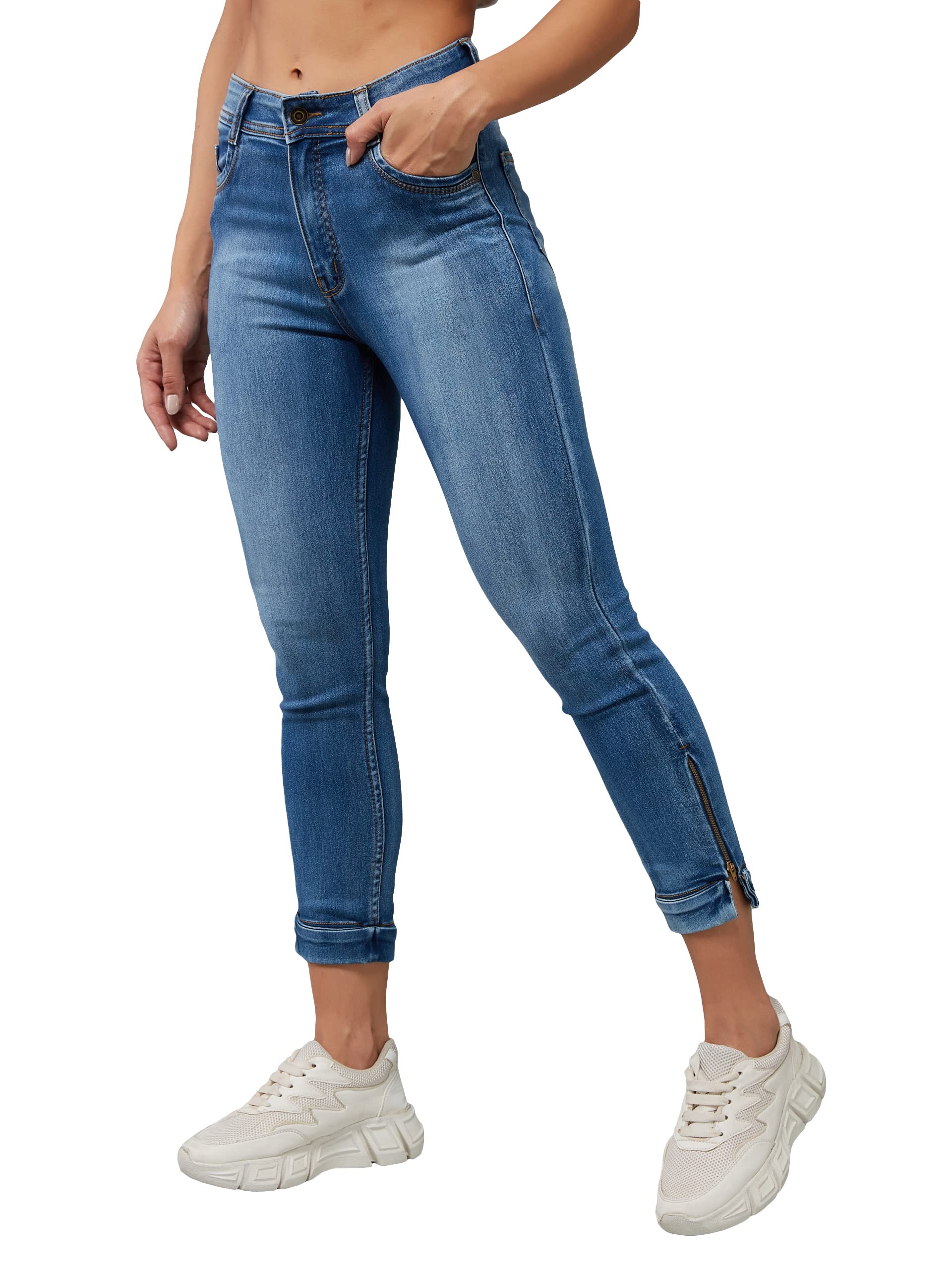 Dolce Crudo WomenS Skinny Fit High Rise Ankle Length Acid Wash Blast Effect Denim Stretchable Jeans (Doaw23Den98-34-115-28, Blue