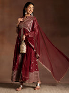 Libas Womens Embroidered Georgette A-Line Kurta With Trousers And Dupatta