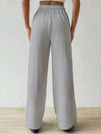 Shasmi Womens Light Grey Loose Wide-Leg Pants with Textured Wrinkled Fabric and Drawstring Waist Long Trousers (Pant 157 Light