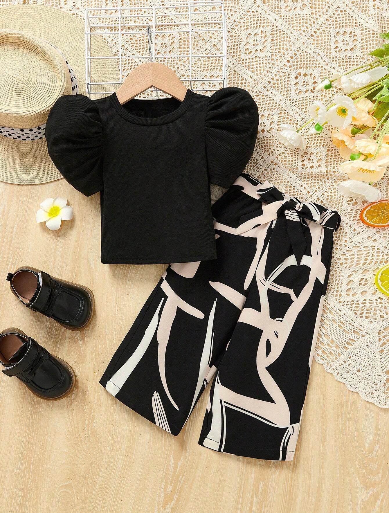 TAGAS Girl Summer Casual Top Puff Sleeve and Printed Long Pants 2pcs Outfit || Two-Piece Set FOR GIRLS || girls dress ||Clothing