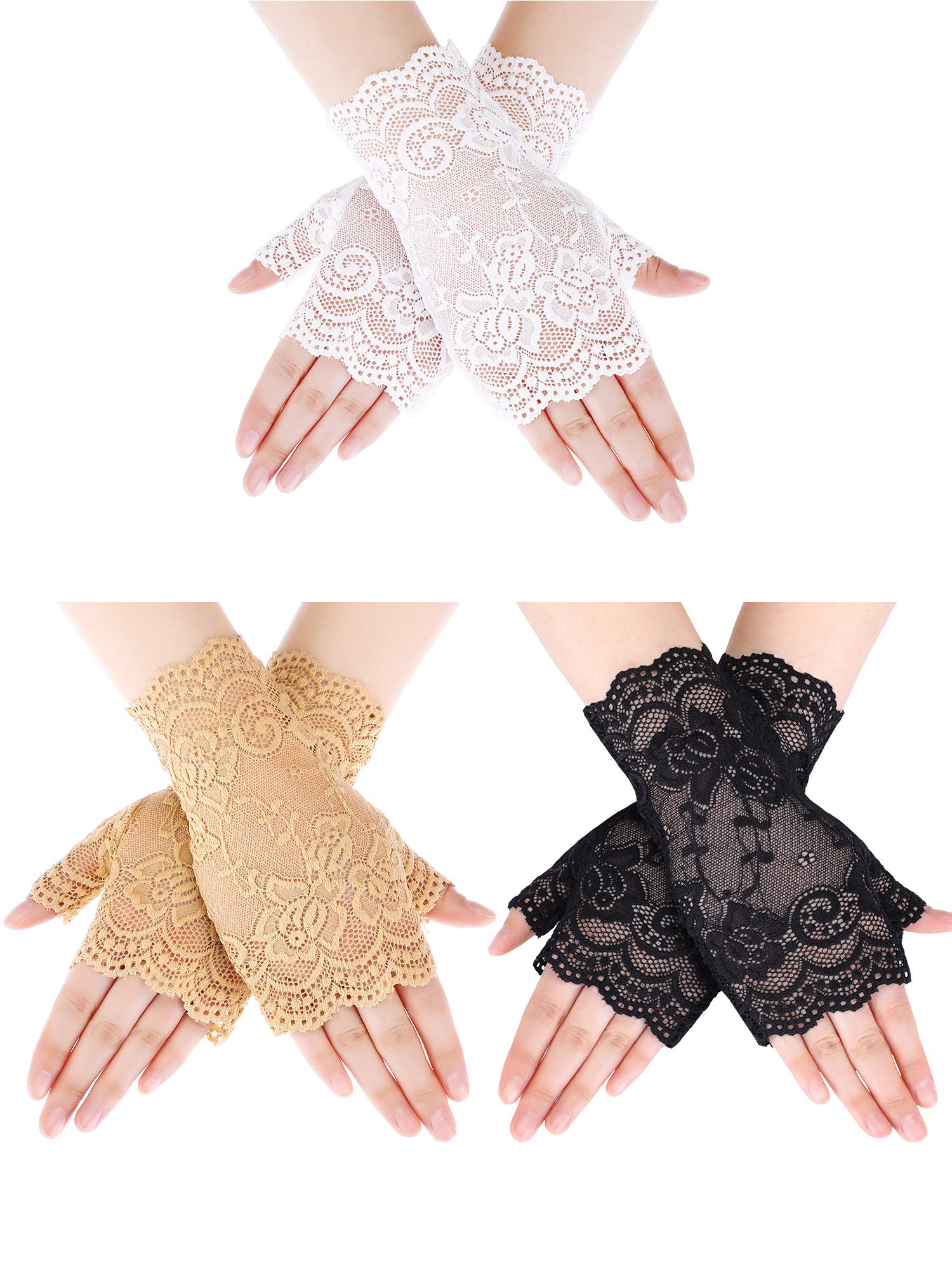 3 Pairs Lace Gloves Women Short Fingerless Floral Gloves Flower for Bridal Wedding Halloween(Black, White, Skin Color)
