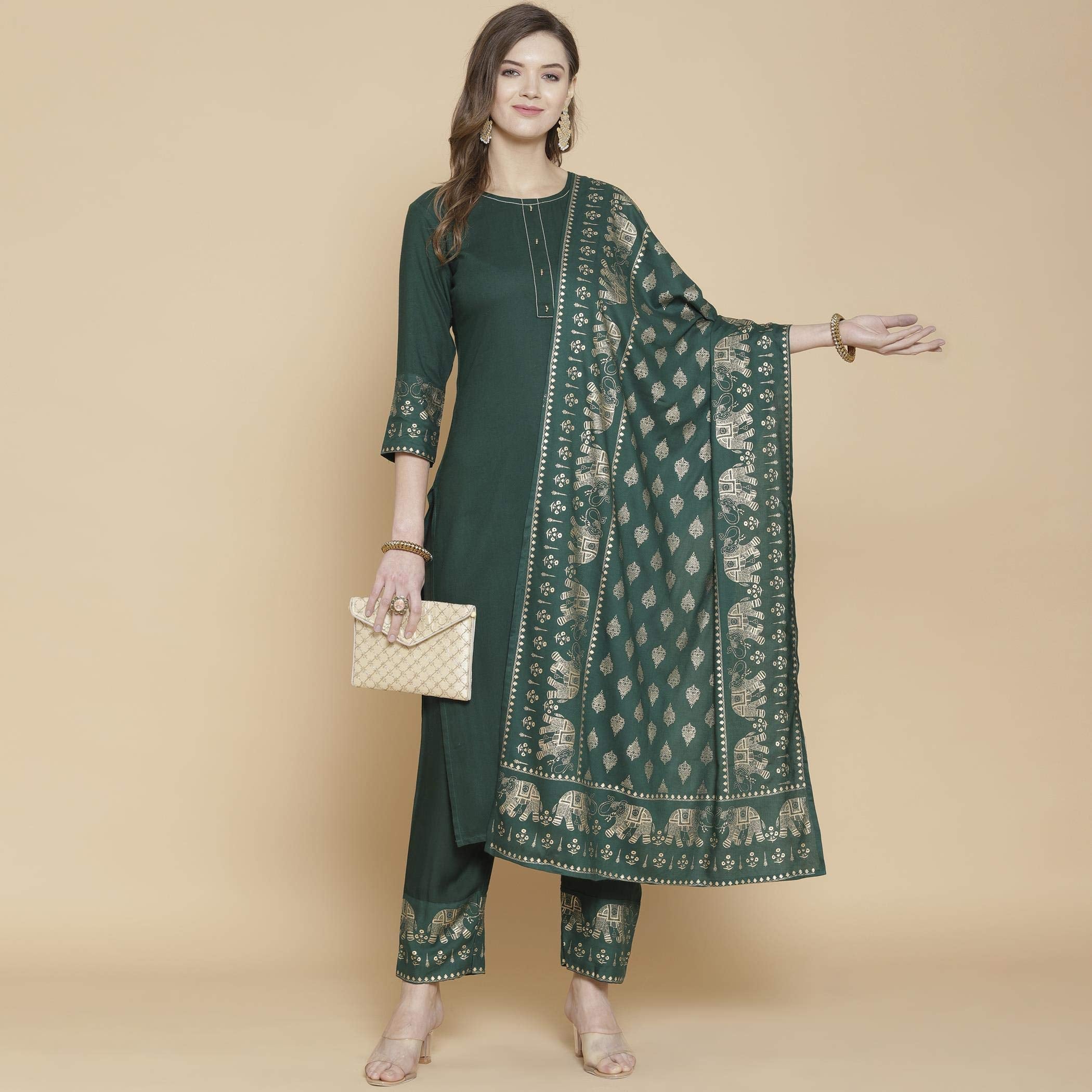 Gosriki Women'S Rayon Regular Kurta And Palazzos & Dupatta