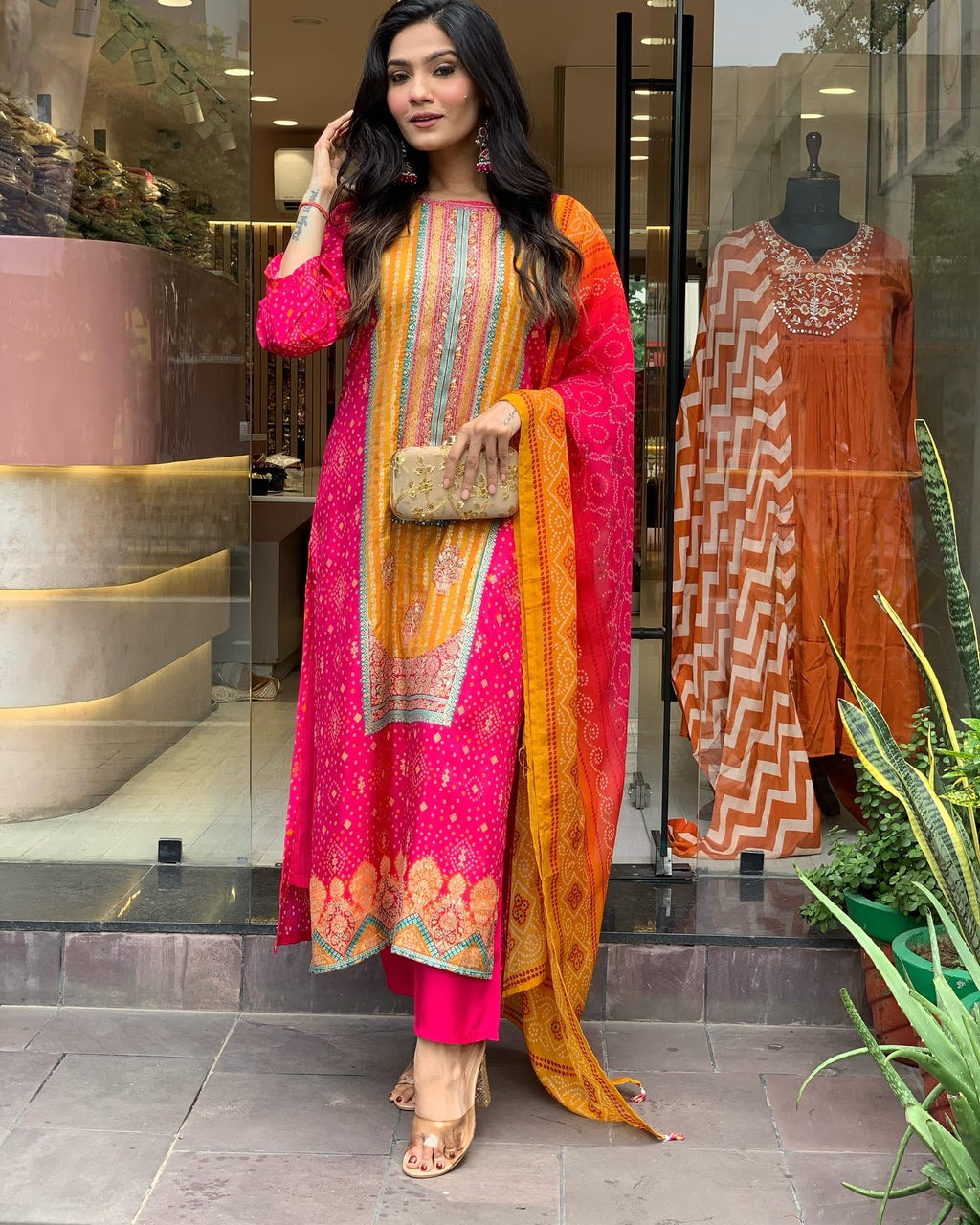 ANNI DESIGNER Womens Rayon Blend Printed Straight Kurta with Pant & Dupatta (Shubhangi Rani_XL_Pink_X-Large)
