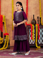 Aarika Girls Ethnic Wear Purple Colour Mirror Embroidery Georgette Kurti Sharara Set (5-11 Years)
