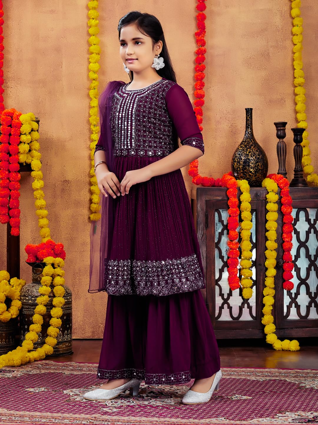 Aarika Girls Ethnic Wear Purple Colour Mirror Embroidery Georgette Kurti Sharara Set (5-11 Years)