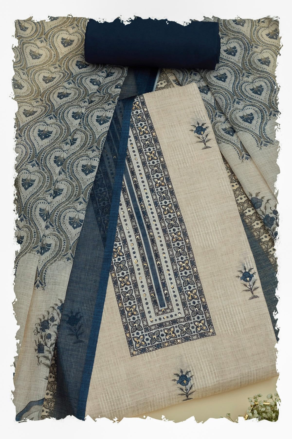Soch Women Linen Botanical Print Unstitched Dress Material with Sequins