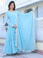 Fashion Basket WomenS Georgette Solid Anarkali Dress Sky Blue