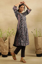 Folksong By W Women Black Festive Floral Print Viscose Straight Kurta