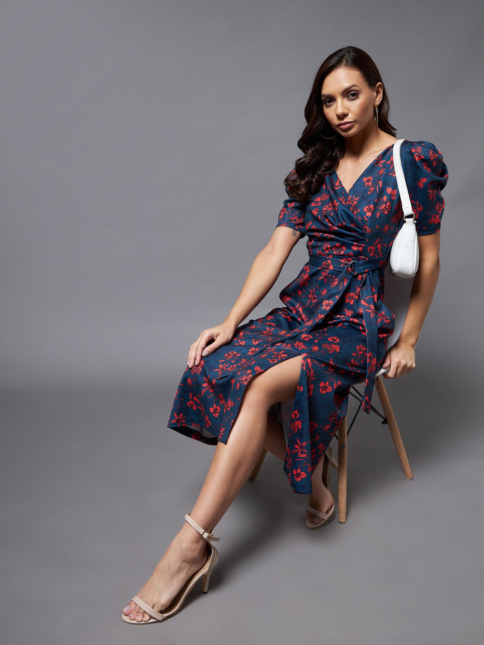 Miss Chase Womens Teal V-Neck Puff Sleeve Floral Wrap Midi Dress
