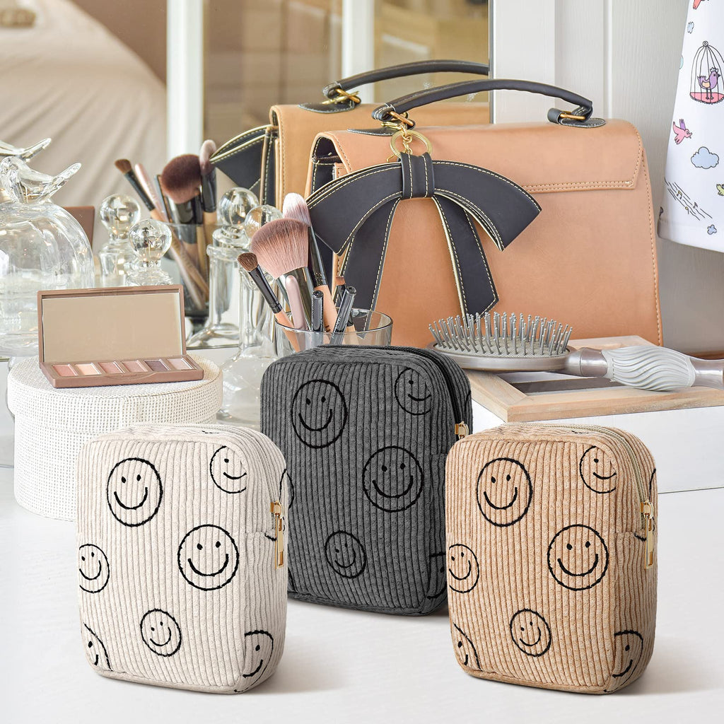 3 Pcs Corduroy Cosmetic Bag Smile Face Aesthetic Preppy Makeup Bag Corduroy Toiletry Aesthetic Pouch Travel Smile Bags for Women