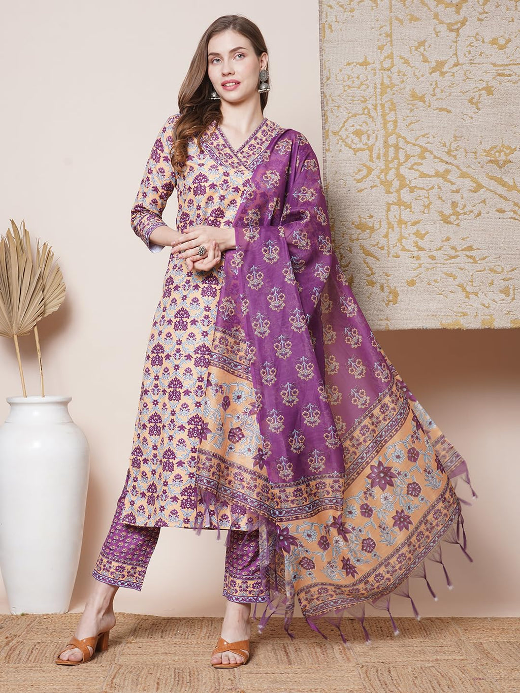 ANNI DESIGNER Women s Rayon Blend Kurta with Pants and Dupatta, Yellow, S