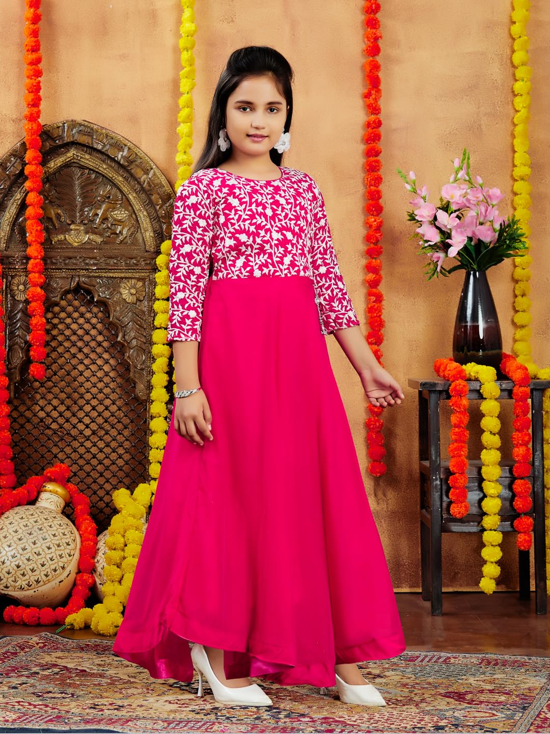 Aarika Girls Red Colour Chicken Embroidery Silk Gown (3-9 Years)