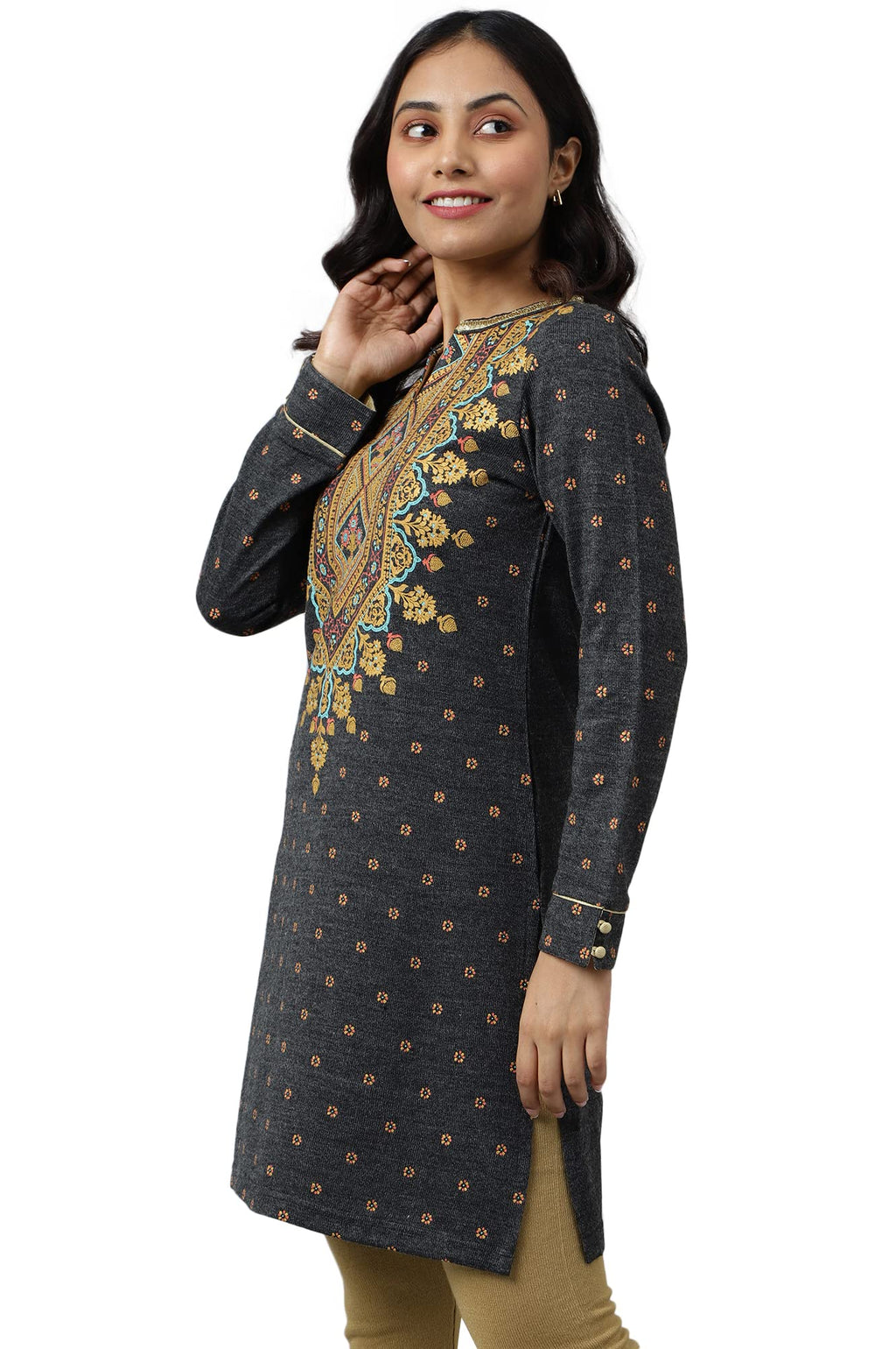 Aurelia Women Dark Grey Mix Acrylic Floral Printed Straight Kurti