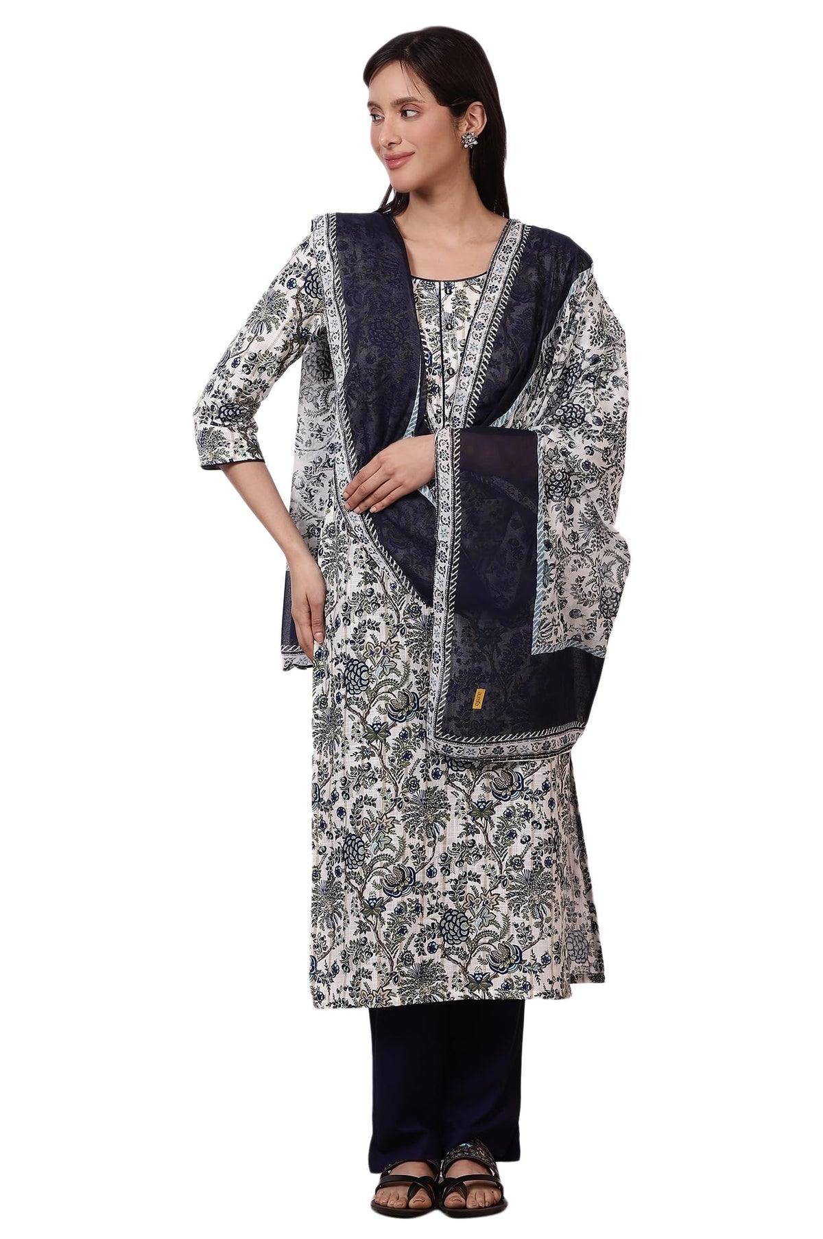 Aurelia Womens White Floral Printed Pure Cotton Straight Kurta, Palazzo and Dupatta Set (Size: M)-AS15806-502575